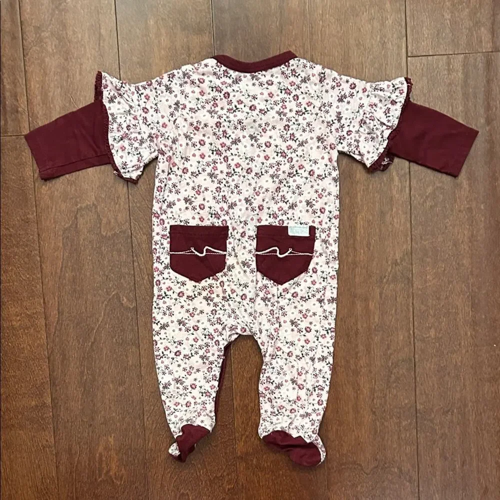 7 For All Mankind Floral Burgundy Kids Footie One Piece, Size 3-6 Months